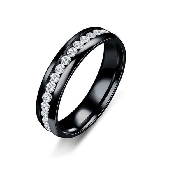 3/$35 Single Row Rhinestones Black Band Ring Stainless Steel Diamond Gemstone - Picture 4 of 4